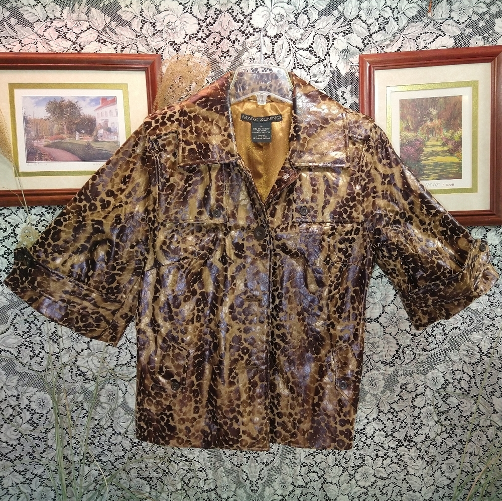 Mark Zunino shiny leopard print fully lined cropped jacket with bell sleeves